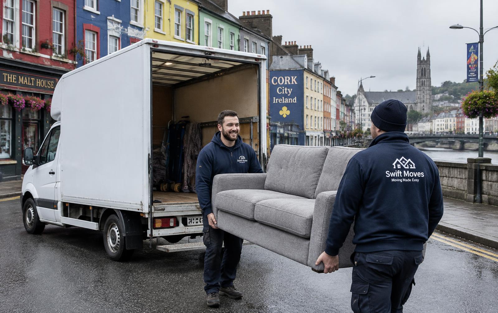 Man with a van in Cork city carrying a sofa